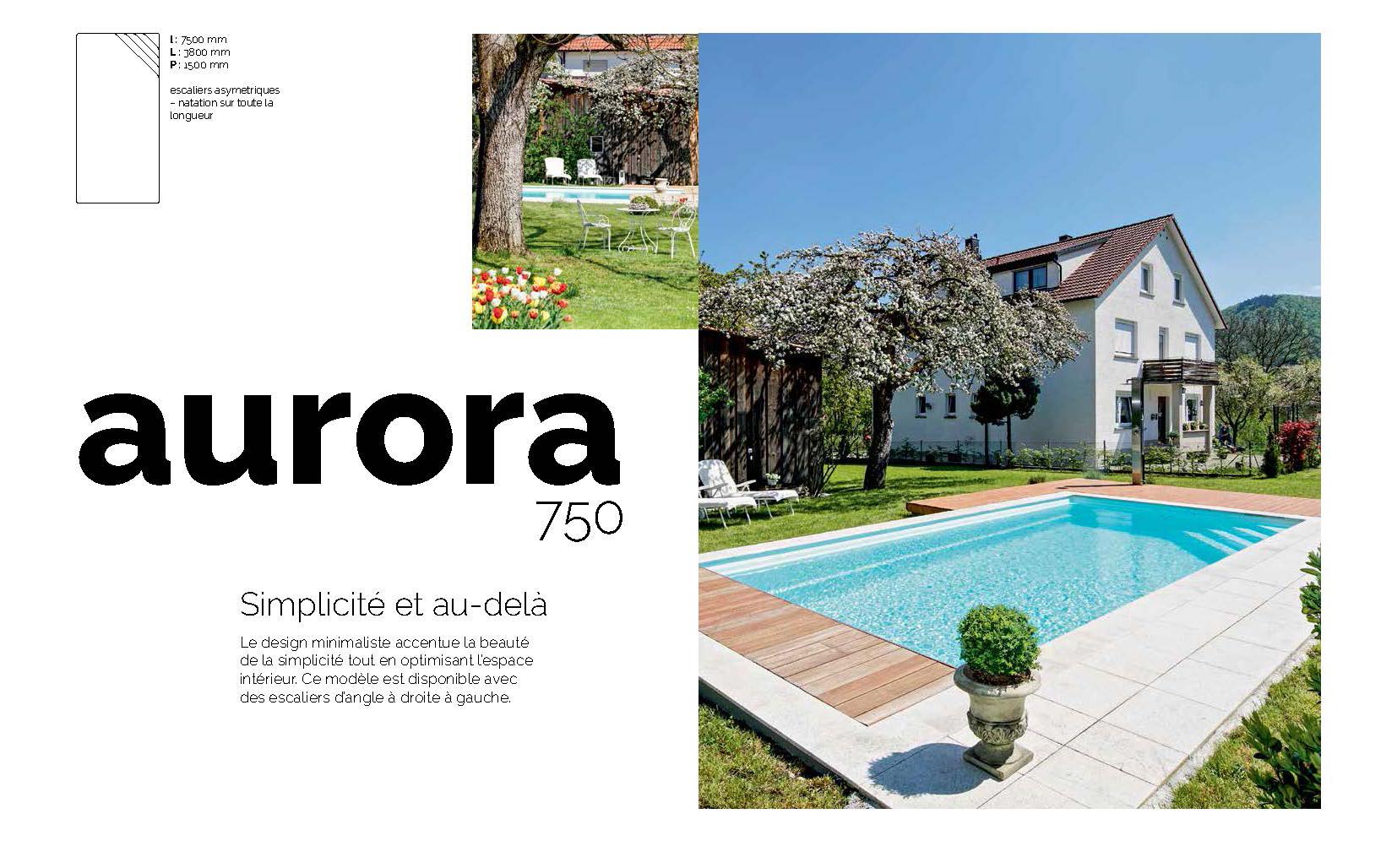 Aurora 750 Piscine : 7,50 m x 3,80 m x 1,50 m, coque céramique ou polyester 