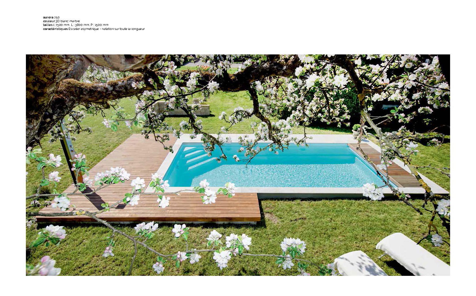 Aurora 750 Piscine : 7,50 m x 3,80 m x 1,50 m, coque céramique ou polyester 